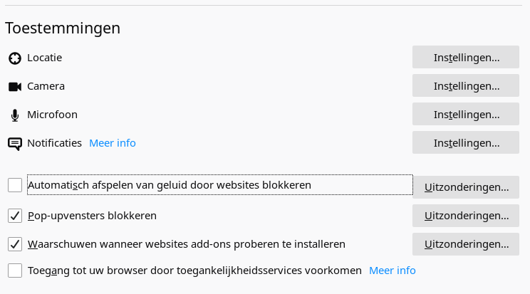 Firefox Instellingen; Toestemmingen
