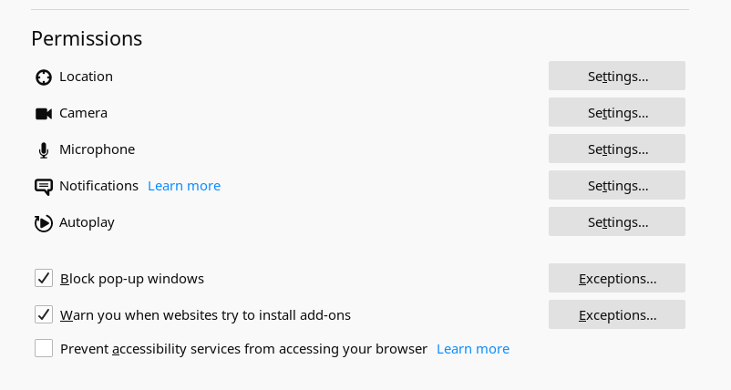 Firefox Settings; Permissions